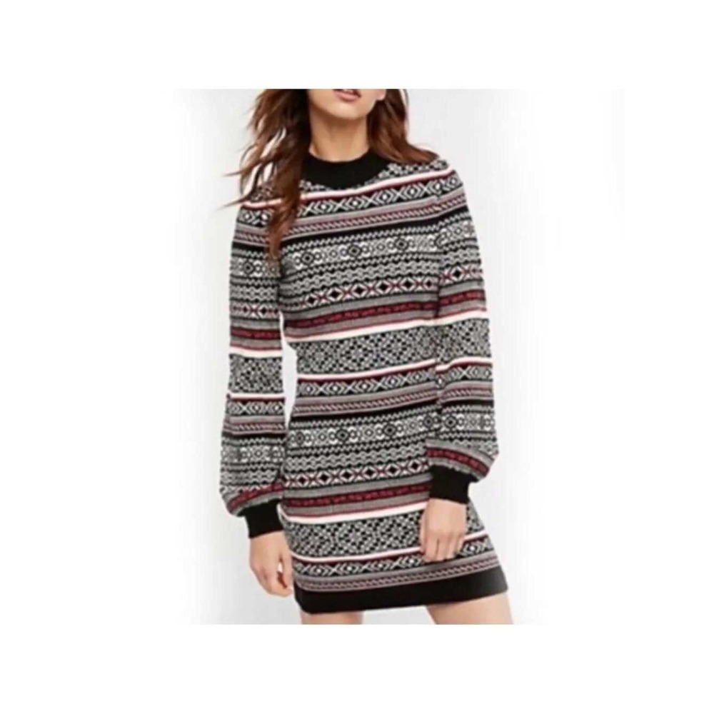 Free People S Faero Balloon Sleeve Fair Isle Sweater Knit Mini Dress Red Black